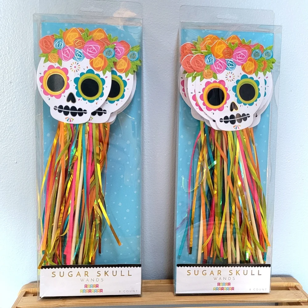 2 Packs-8pc Sugar Skull Wands Halloween Day of the Dead Dia de los Muertos